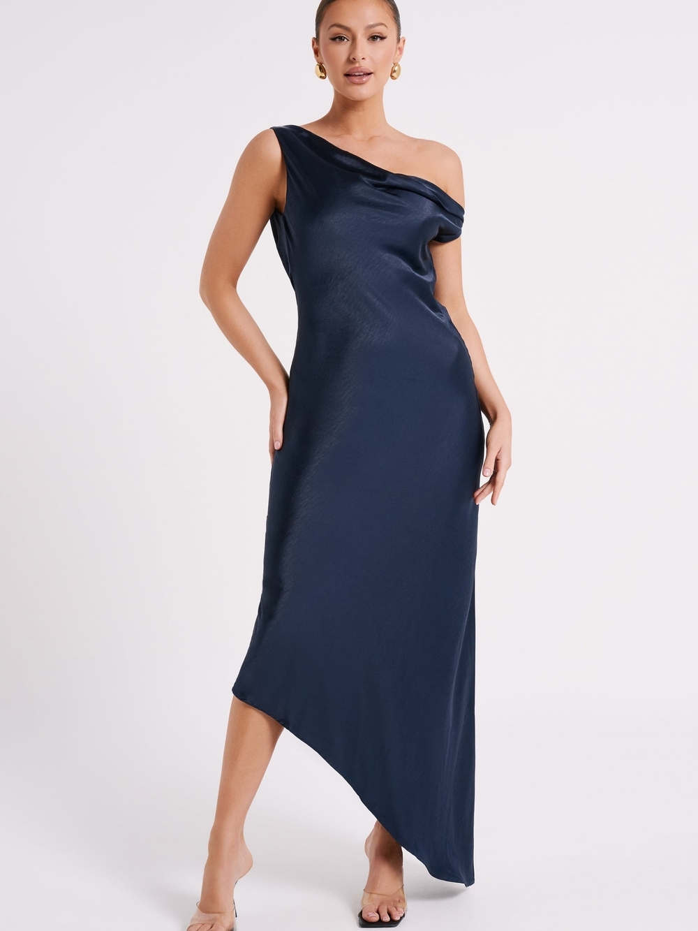 MESHKI Yvette Asymmetrical Slip Maxi Dress NWT 2XS Navy Elegant Bias Cut Evening